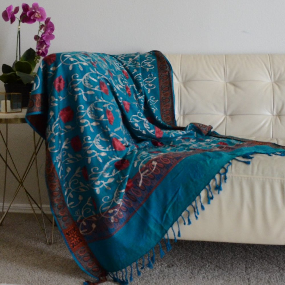 NEW Shawl/Stole, Indian Pashmina Wool, GREEN, Embroidered Flower & Vine, 88x42